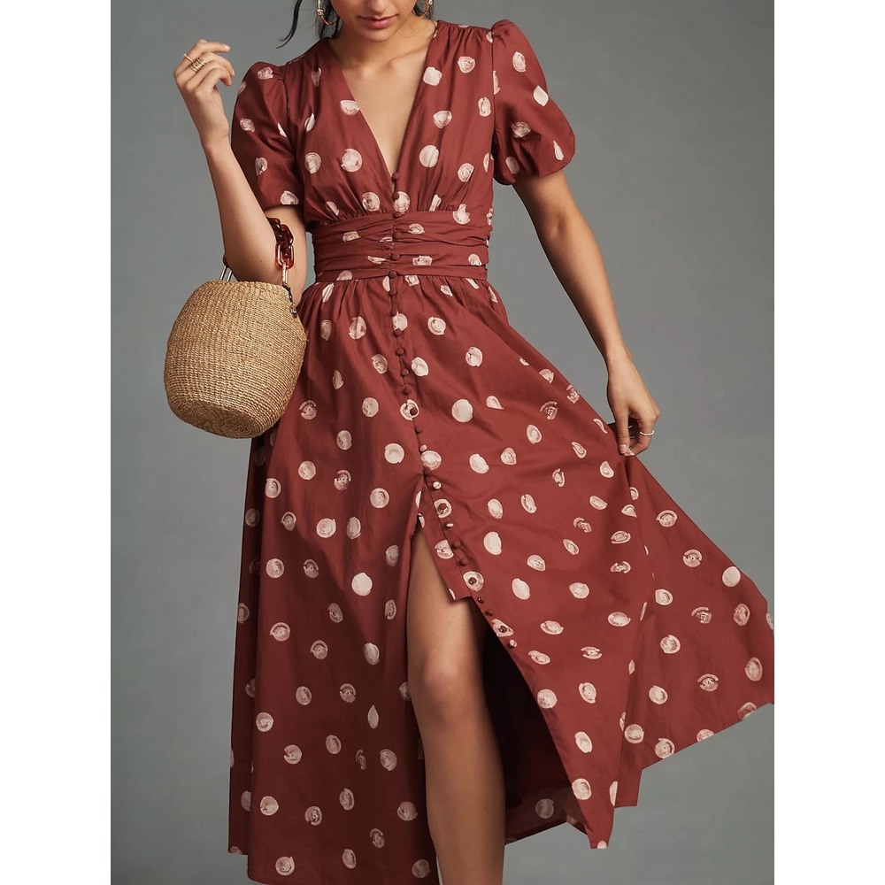 BY ANTHROPOLOGIE The Katerina Polka Dot Puff Sleeve Button Down Midi Dress